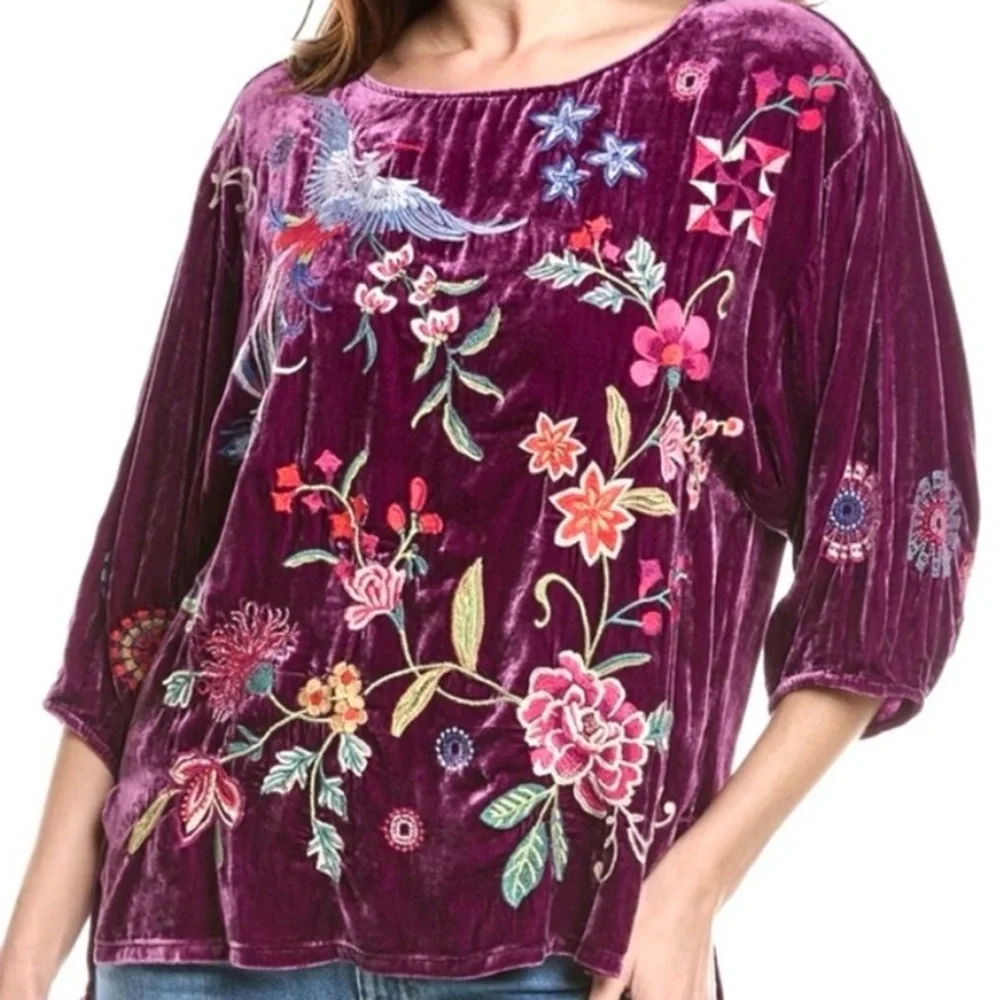 Johnny Was Nikkola heavily embroidered Purple Velvet Boatneck Blouse NWT